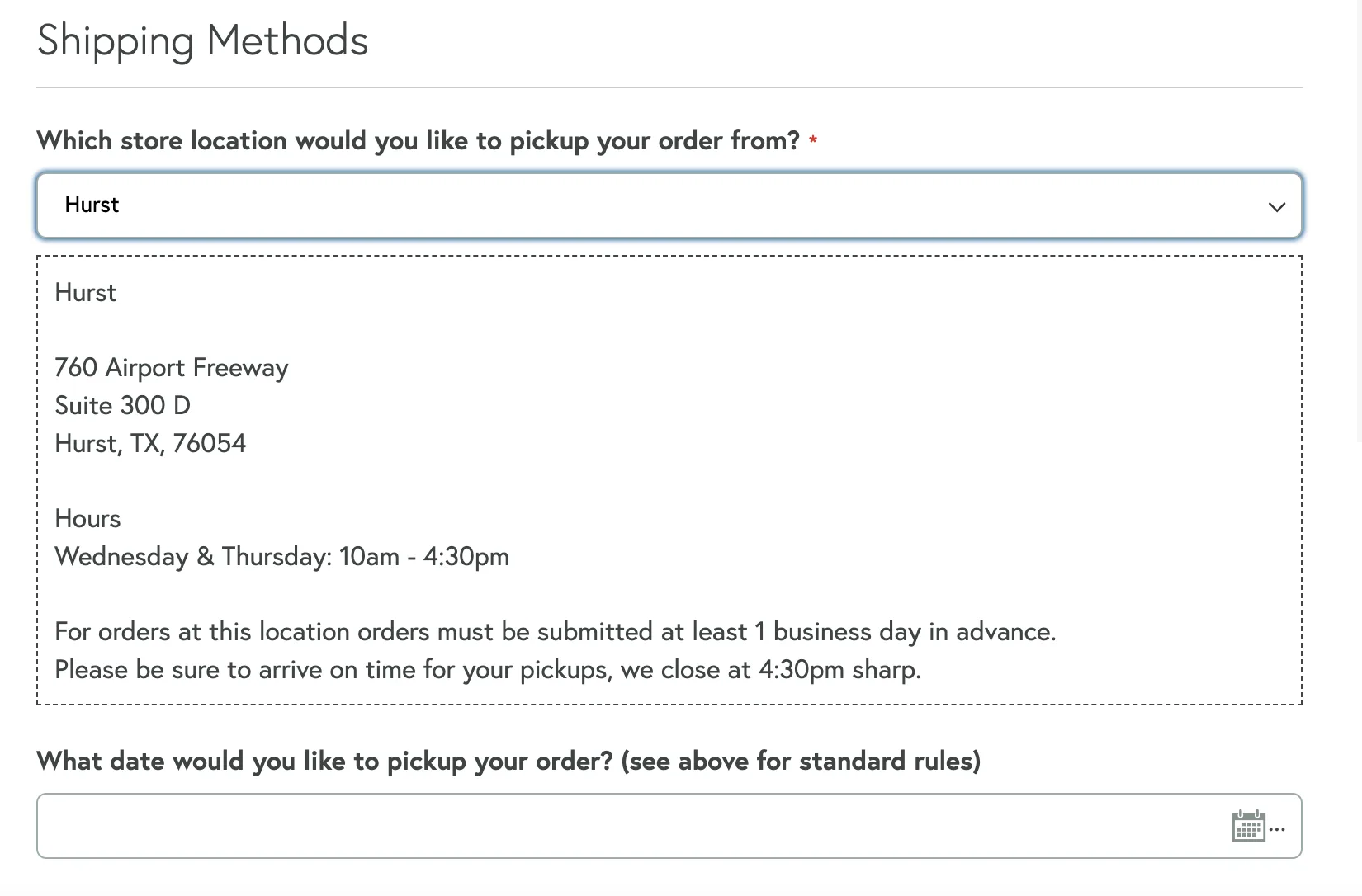 Texas Original checkout pickup location and delivery selection screen